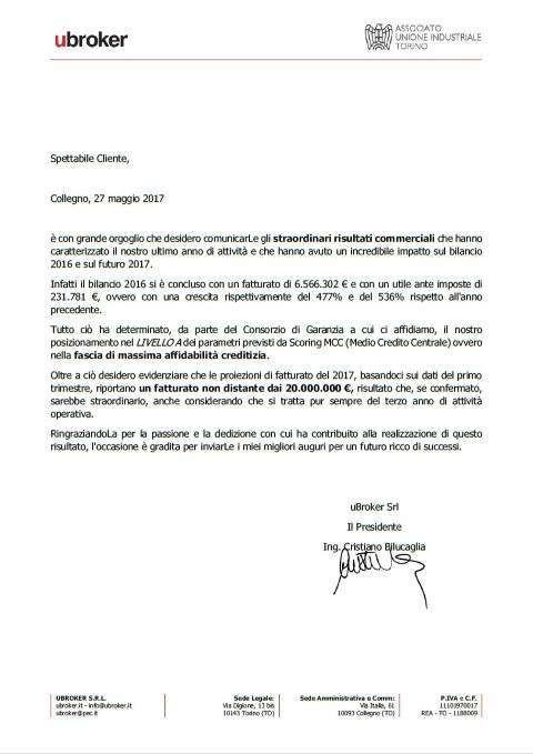 Lettera ufficiale risultati economici